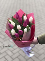 15 tulips, a mix of white and pink