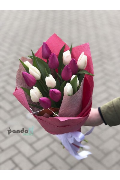 15 tulips, a mix of white and pink