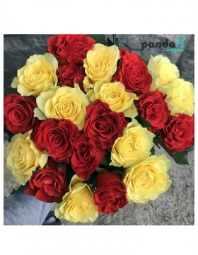 21 роза микс красных и желтых 60 см