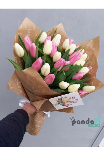 25 tulips mixed white and pink